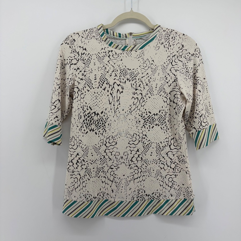 Lady Hagen Womens XS Cream Snakeskin 3/4 Sleeve Golf Top Zip Back‎ Striped Trim